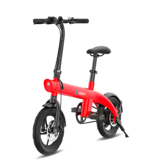 Bicicleta electrica iSEN H2 Bionic , Viteza maxima 25Km/h, Autonomie full electric 15 - 20Km, Motor 250W, IPX4, roti 14inch (Rosu) 