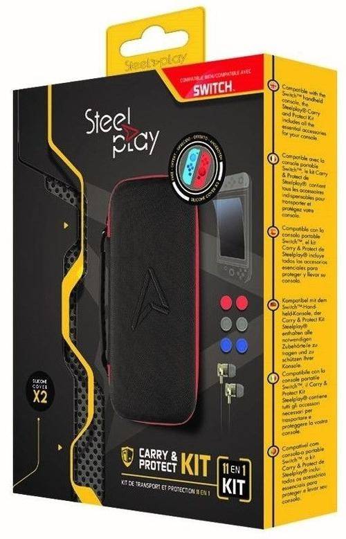 Kit protectie Steel Play 11-in-1, Husa cu maner, 6x thumbstick din silicon, 1x protectie ecran, 1x aplicator, 1x material textil pentru curatat, Pentru Nintendo Switch