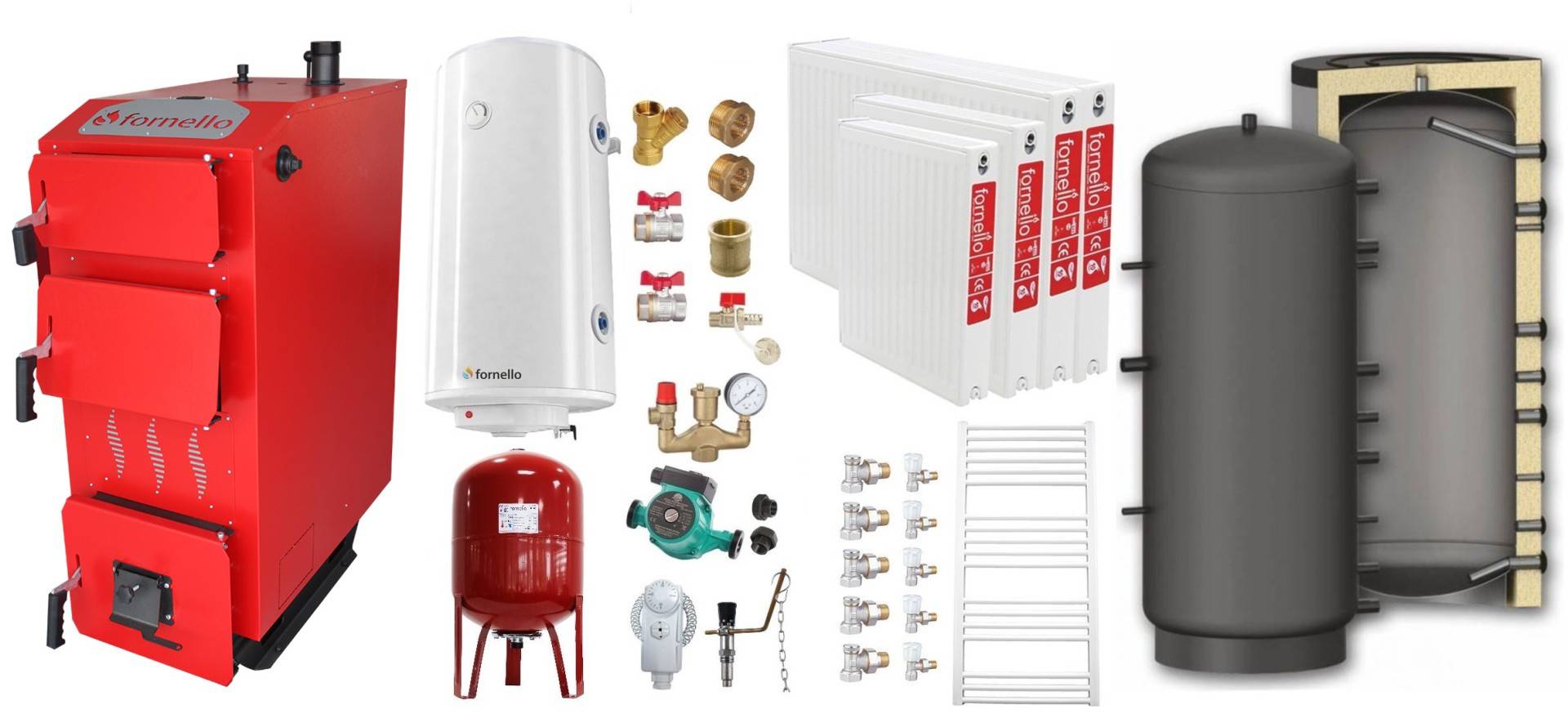 Pachet Cazan (centrala) pe combustibil solid, (lemn, carbune), Fornello Praktik 30 kW, Puffer 1000 litri, Radiatoare Otel, Boiler, Vas Expansiune, Pompa, Fitinguri Montaj