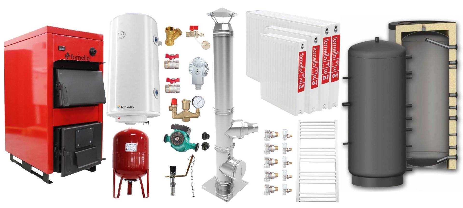 Pachet Centrala pe combustibil solid Fornello Eco Energy WB 25 kW, Puffer 800 litri, Cos Inox, Radiatoare Otel, Boiler Termoelectric, Vas Expansune, Pompa si Fitinguri Montaj