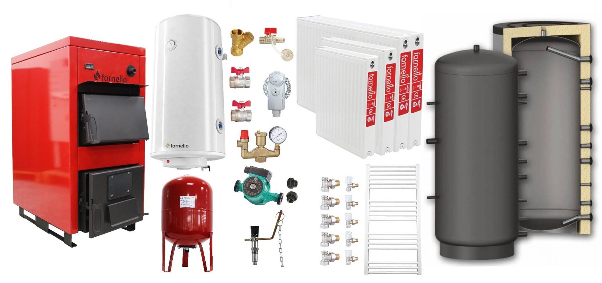 Pachet Centrala pe combustibil solid Fornello Eco Energy WB 25 kW, Puffer 800 litri, Radiatoare Otel, Boiler Termoelectric, Vas Expansune, Pompa si Fitinguri Montaj