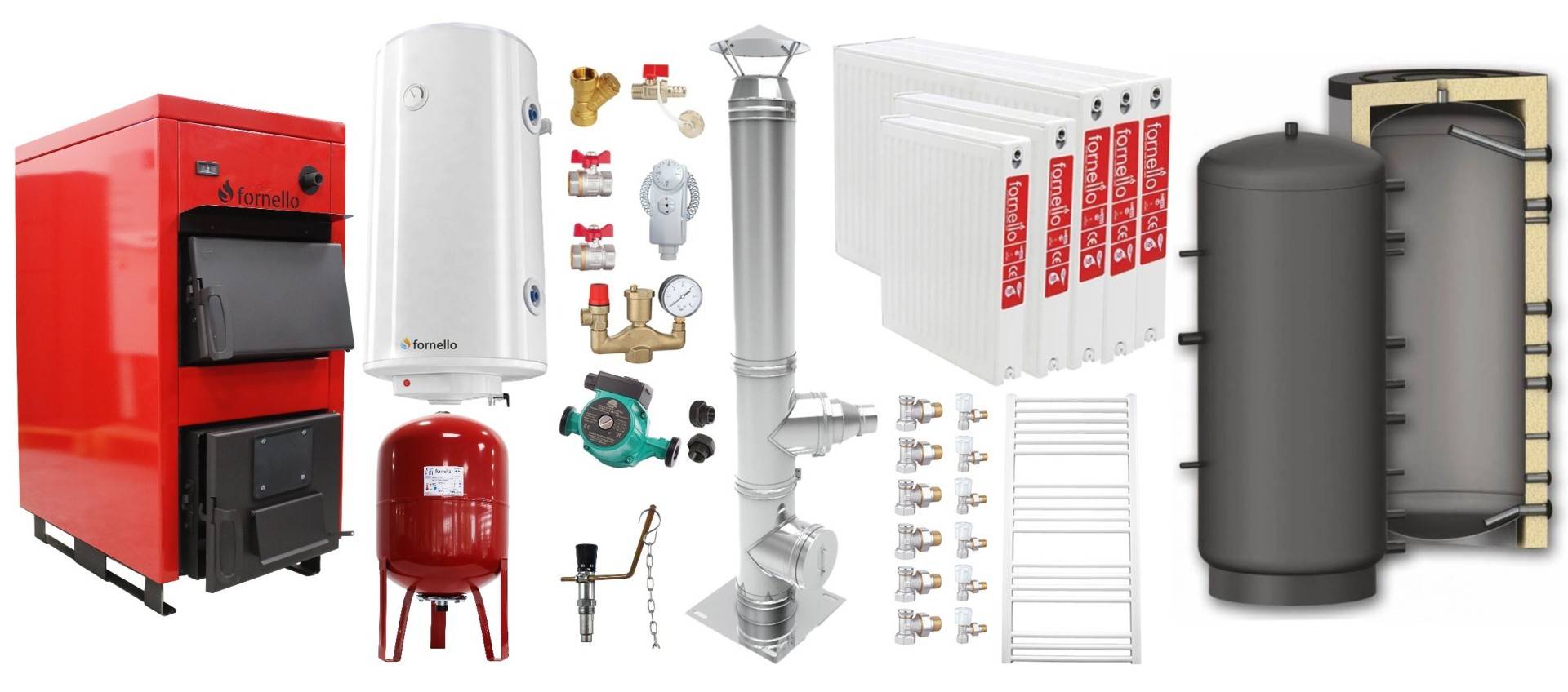 Pachet Centrala pe combustibil solid Fornello Eco Energy WB 35 kW, Puffer 1000 litri, Cos Inox, Radiatoare Otel, Boiler Termoelectric, Vas Expansune, Pompa si Fitinguri Montaj