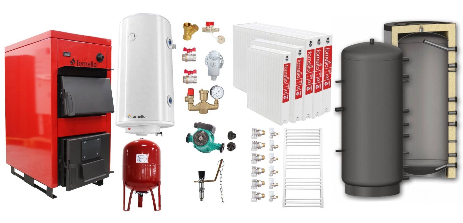 Pachet Centrala pe combustibil solid Fornello Eco Energy WB 35 kW, Puffer 1000 litri, Radiatoare Otel, Boiler Termoelectric, Vas Expansune, Pompa si Fitinguri Montaj