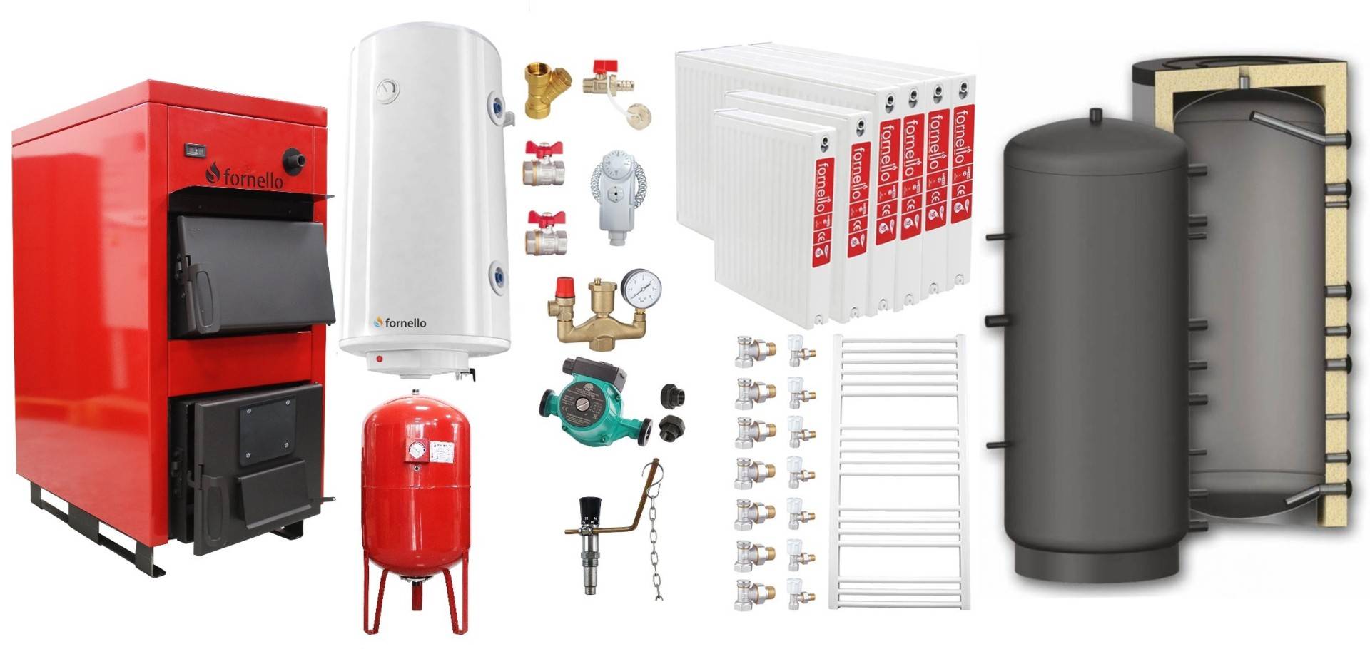 Pachet Centrala pe combustibil solid Fornello Eco Energy WB 40 kW, Puffer 1000 litri, Radiatoare Otel, Boiler Termoelectric, Vas Expansune, Pompa si Fitinguri Montaj