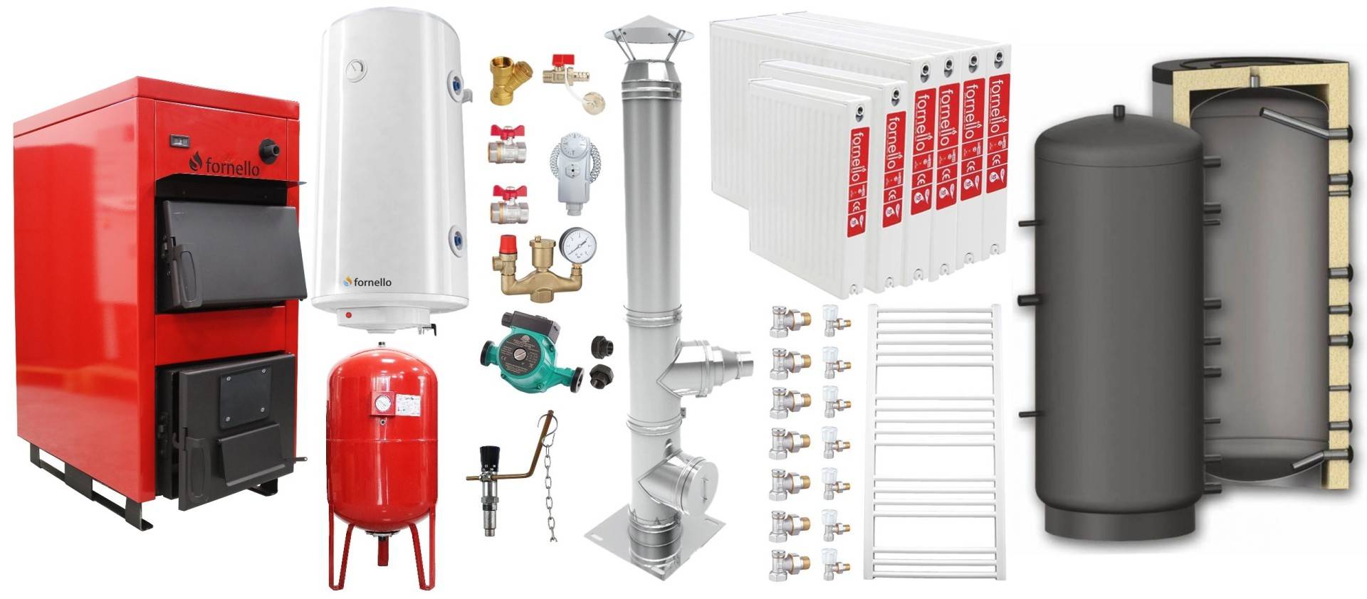 Pachet Centrala pe combustibil solid Fornello Eco Energy WB 50 kW, Puffer 1000 litri, Cos Inox, Radiatoare Otel, Boiler Termoelectric, Vas Expansune, Pompa si Fitinguri Montaj