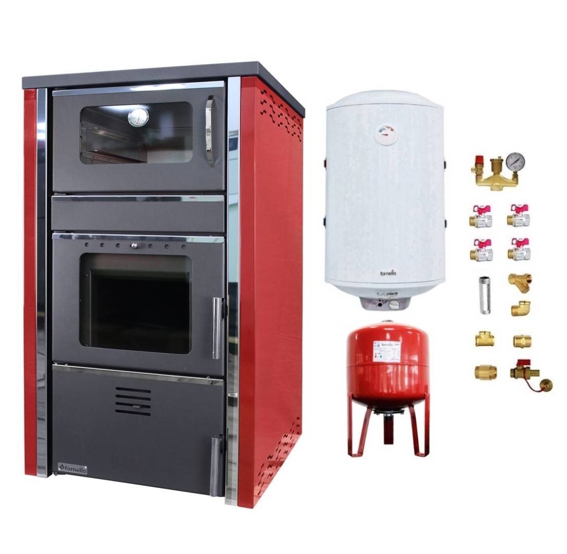 Pachet Termosemineu FORNELLO AVANOS 32 kw Red pe combustibil solid ( lemn,carbune,bricheti ), boiler termoelectric 100l, vas expansiune si kit montaj