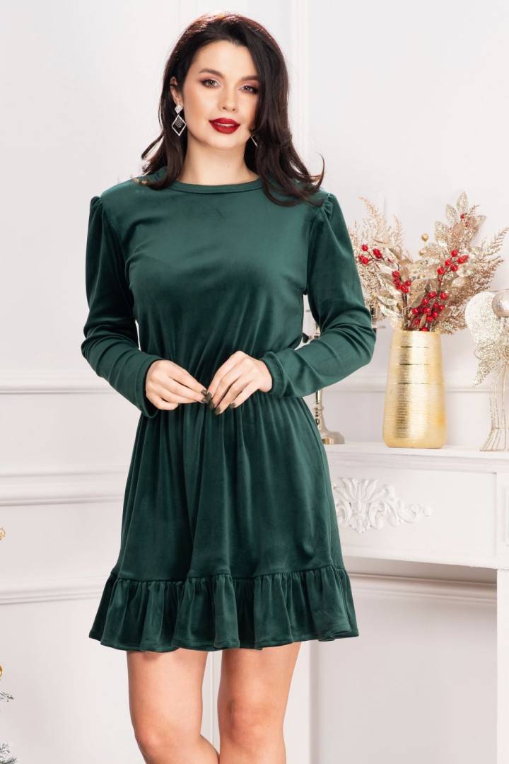 Rochie de zi Cherry din catifea verde cu volanas