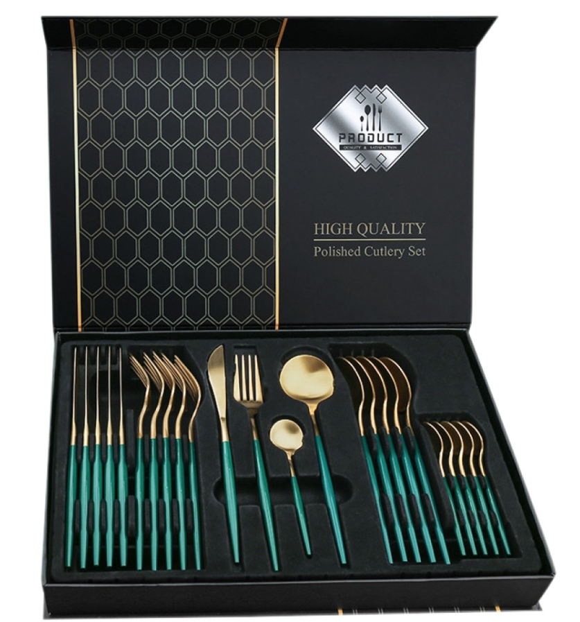 Set de 24 tacamuri elegante si rafinate cu un finisaj luxos VERDE cu AURIU