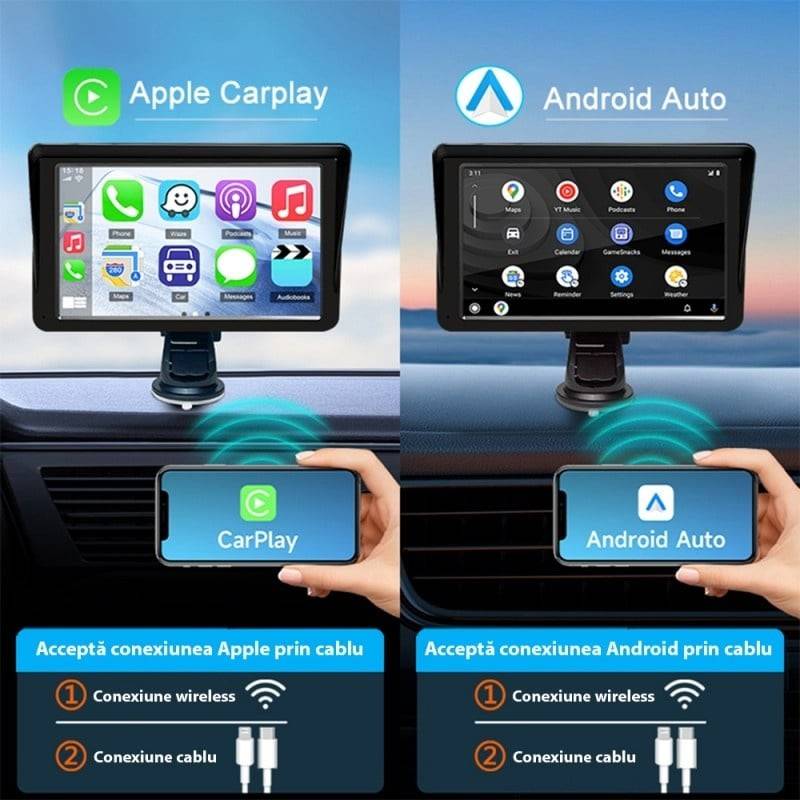 Sistem Multimedia Techstar® Apple Carplay/Android 7094P, Ecran Tactil, 7 Inch 1080P Full HD, Bluetooth, Mirror Link/Card TF/USB/AUX, Negru