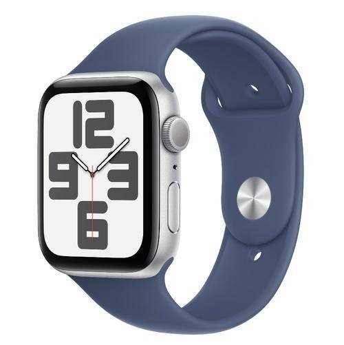 Smartwatch Apple Watch SE (2024), GPS, Carcasa Silver Aluminium 44mm, ecran LTPO OLED, 32GB, curea silicon Denim Sport Band - S/M (Argintiu/Albastru)