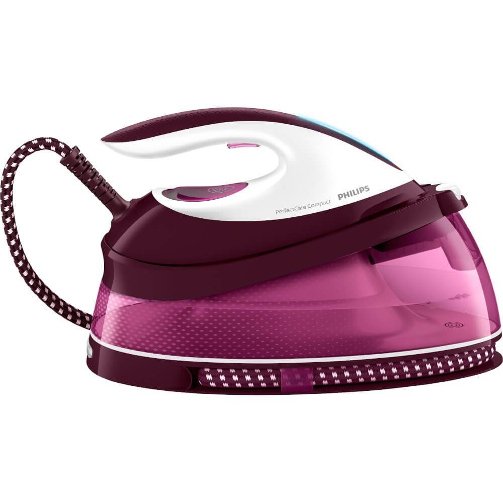 Statie de calcat Philips PerfectCare Compact GC7842/40, 2400 W, 1.5 L, 6.5 bar, Abur 400g/min, Talpa SteamGlide, Oprire automata, Tehnologie Smart Calc Clean, Alb/Roz