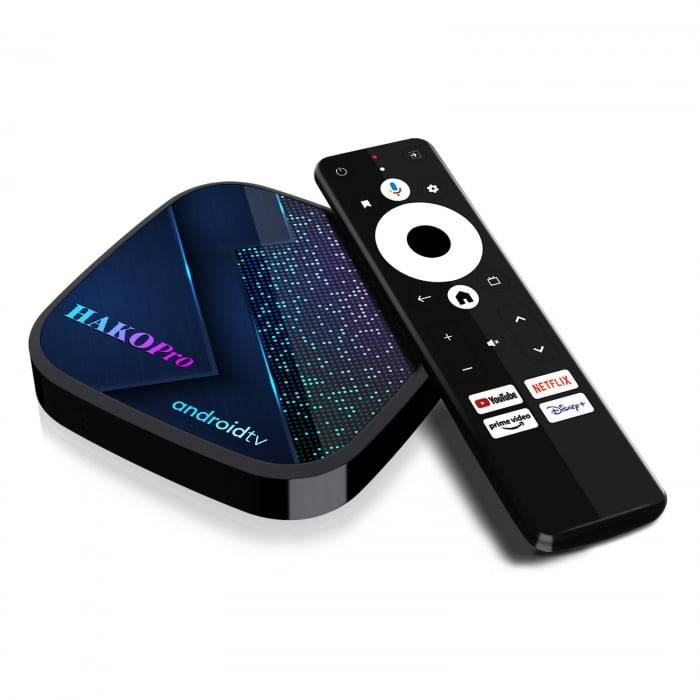 TV Box Hako Pro Negru, 4K, Android 11, 2GB RAM, 16GB ROM, Amlogic S905Y4-B, Asistent Google, Digital Dolby Plus, AV1, Bluetooth 5, HDMI