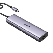 Adaptor multifunctional UGREEN USB C CM512, 2 x USB-A 3.0, 1 x USB-C, 1 x HDMI, 1 x RJ45, 1 x SD, 1 x microSD, Gri