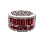 Bandă adezivă Optima Fragile - albă cu imprimare roșie, pentru ambalare, 48mm x 60 m, 50 microni