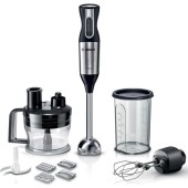 Blender de mana Bosch MS6CM6197, 1000W, 4 lame din otel inoxidabil QuattroBlade, Antisplash, Soft Touch (Inox/Negru)