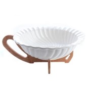 Bol de Salata pe Suport de Lemn cu Maner, 26 cm, ceramica termorezistenta pentru cuptor, Alb