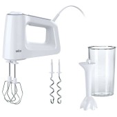 BRAUN Mixer de mana Braun HM3105WH, 500 W, 5 viteze + Turbo, Pahar gradat 0.6L, Picior pasator plastic, 2 palete, 2 carlige, Alb-Gri