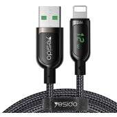 Cablu de Date USB la Lightning 2.4A, Display Digital , 1.2m - Yesido (CA84) - Black