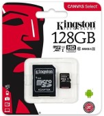 Card de memorie Kingston Canvas Select microSDXC, 128 GB, 80 MB/s Citire, 10 MB/s Scriere, Clasa 10 UHS-I + Adaptor SD