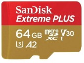 Card de memorie SanDisk Extreme Plus SDSQXBU-064G-GN6MA, MicroSDXC, 64GB, UHS-I U3, Clasa 10, V30 + Adaptor SD