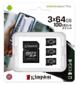 Card memorie microSDXC Kingston Canvas Select Plus, 64 GB, Clasa 10, V10, UHS-I U1, Pachet 3x buc. + Adaptor