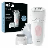 Epilator Braun Silk-epil 5 5-030 Wet & Dry, MicroGrip, Smart Light, 28 de pensete, 2 viteze, Cap de ras + Pieptene, Saculet de voiaj (Alb/Roz)