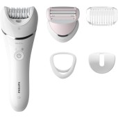 Epilator umed si uscat Philips BRE710/00, 5 accesorii, 32 pensete, Utilizare fara fir, 2 setari viteza, Opti-light, Discuri ceramice, Argintiu