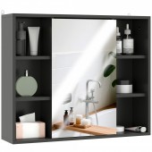 HOMCOM Mobilier baie cu oglindă, dulap cu uși și 6 compartimente deschise, 60 x 14,5 x 49,4 cm, negru | Aosom Romania