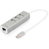 HUB 3-port USB 2.0 HighSpeed Typee C with Fast Ethernet LAN adapter, aluminium