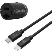 Incarcator auto Celly, USB-C to Lightning, 20W, Power Delivery, Negru