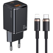 Incarcator Priza 1xUSB-C GaN 33W, 1xUSB-A QC3.0 + Cablu Lightning 1.2m - Usams (USKTZ01) - Black