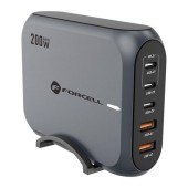 Incarcator Retea Forcell F-ENERGY GaN III VT-51, 200W, 5A, 2 x USB-A, 3 x USB-C, Gri