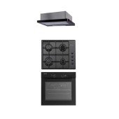 Pachet incorporabil cuptor electric, plita gaz si hota telescopica front sticla neagra, City Black Studio Casa, 56 l, Clasa energetica A, 6 functii, 4 arzatoare gaz (Negru)