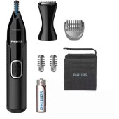 Philips Trimmer pentru nas/urechi Philips NT5650/16, baterie, lavabil, utilizare umed si suscat, tehnologie Precision Trim, otel inoxidabil, pieptene pentru sprancene, 2 piepteni 3-5 mm, Negru