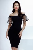 Rochie de ocazie Fofy neagra pe umeri cu maneci tip volan cu glitter