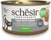 SCHESIR Conservă hrană complementară pentru pisici, cu Ton/Calamar, în jeleu 70g