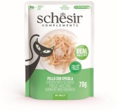 SCHESIR Plic hrană umedă pentru pisici, cu Pui şi  Biban de mare, în jeleu 70g