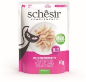 SCHESIR Plic hrană umedă pentru pisici, cu Pui şi Şuncă, în jeleu 70g