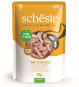 SCHESIR Plic hrană umedă pentru pisici, cu Ton şi Pui, în jeleu 85g