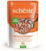 SCHESIR Plic hrană umedă pentru pisici, cu Ton, Pui şi Creveţi, în jeleu 85g