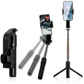 Selfie Stick gimbal cu Telecomanda si Lumina LED, Sleep Mode, 76cm - Techsuit (C06) - Black