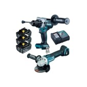 Set 2 masini de gaurit si insurubat + polizor unghiular cu acumulator Makita DLX2434TJ, 2100 rpm, 125 Nm, 18 V, 3x5 Ah, Incarcator si Valiza (Negru/Albastru)