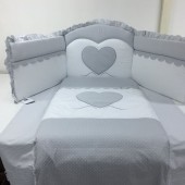 Set Lenjerie de lux din bumbac cu broderie, protectie laterala, pilota, pentru pat bebelusi, Cuore di Mamma Gri, Italia