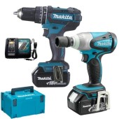 Set Makita DLX2133J, masina de gaurit si insurubat cu percutie Makita DHP482Z + masina de insurubat cu impact Makita DTW251Z, 18 V, acumulator, incarcator (Albastru/Negru)