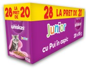 WHISKAS Plic JUNIOR hrană umedă pentru pisicuţe, cu Pui în aspic 28x85g, 20+8 GR